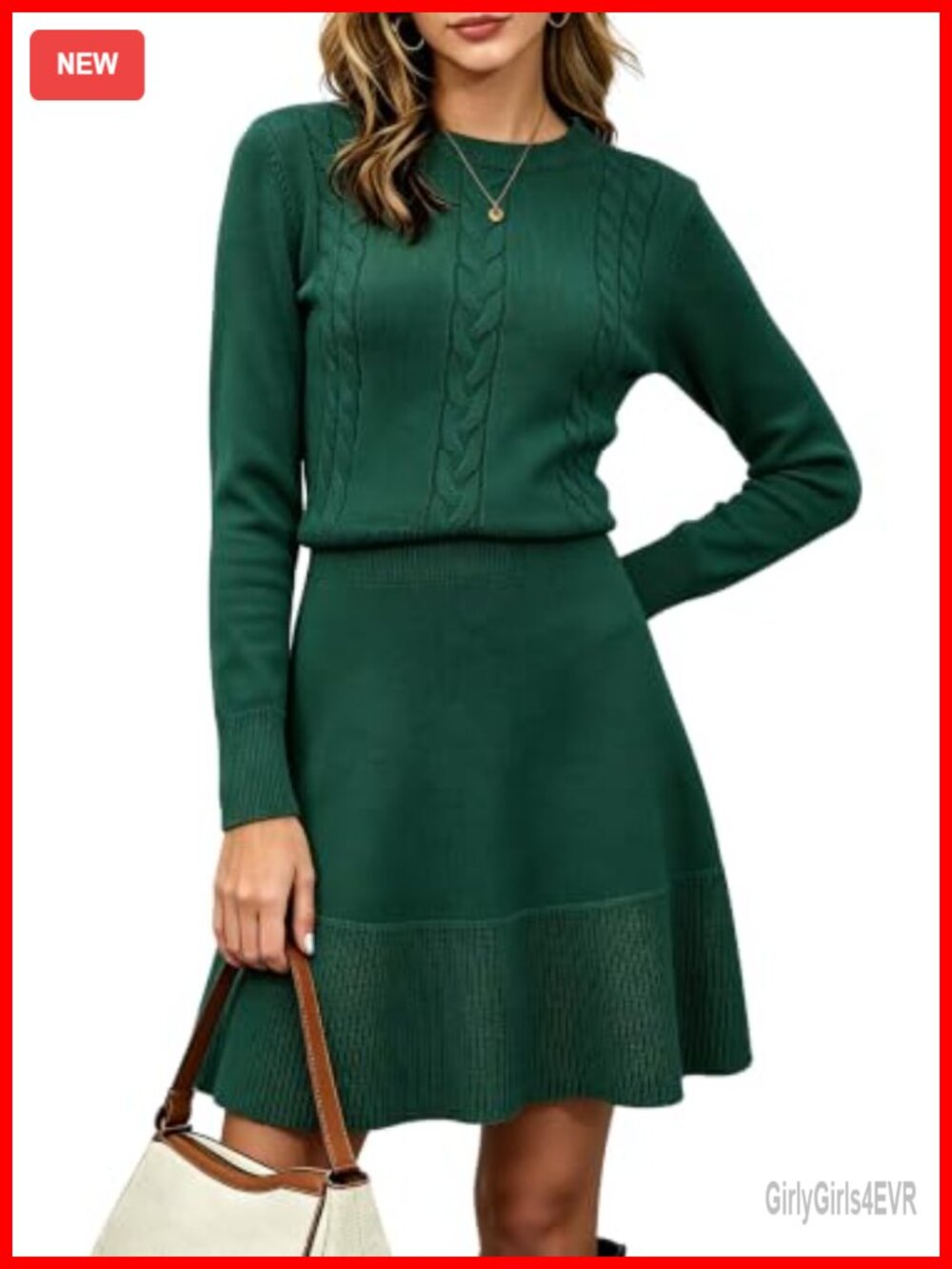 Women's Cable Knit Sweater Dress A-Line High Waist Long Sleeve